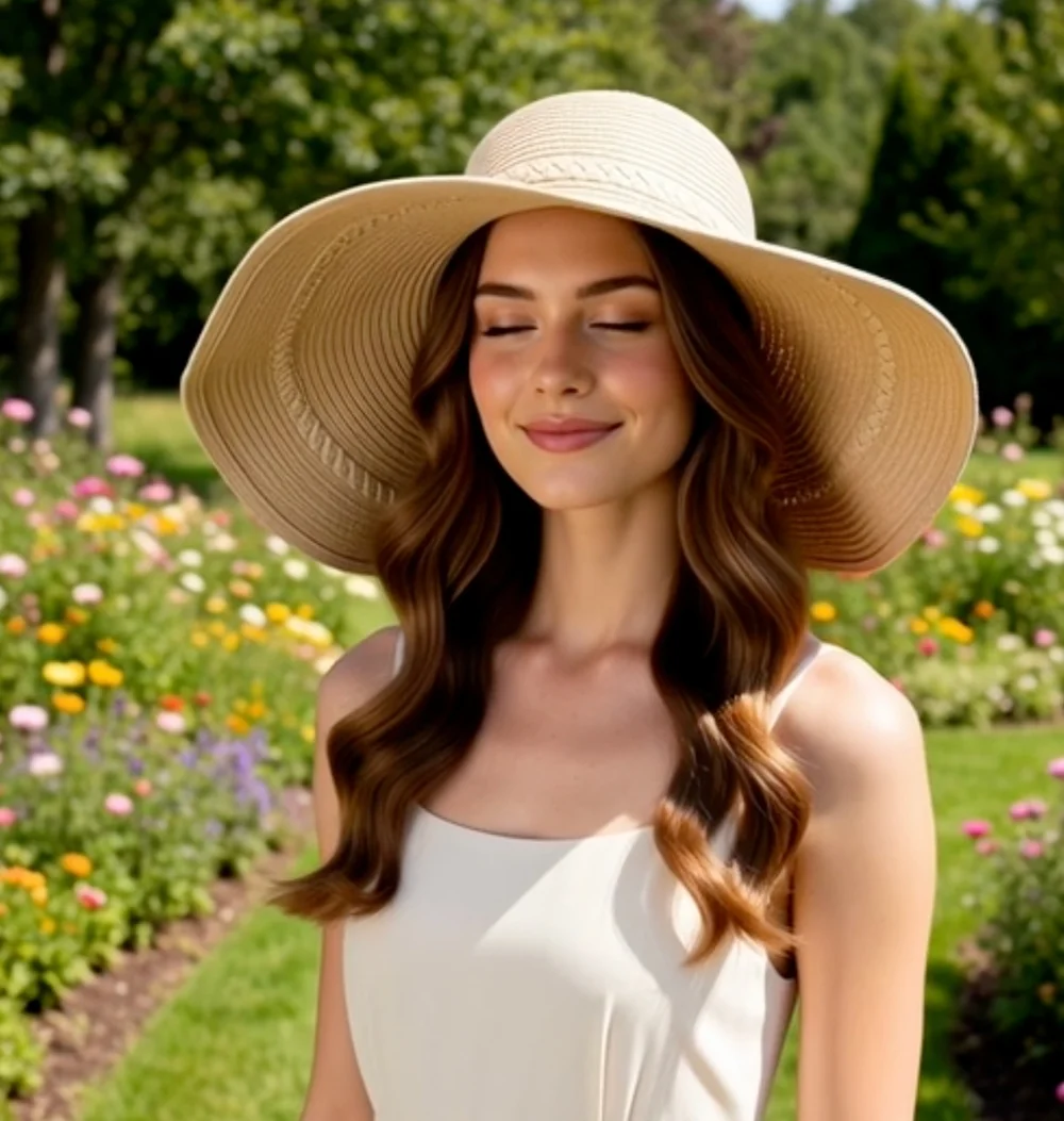 D&Y Wide Brim Floppy Straw Sun Hat Ivory Braided Trim Scalloped Brim G+
